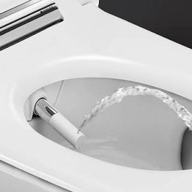 Duschdüse eines Dusch-WCs in Aktion Ausgefahrene Duschdüse eines Dusch-WCs reinigt mit einem sanften Wasserstrahl für mehr Hygiene und Komfort nach dem Toilettengang.